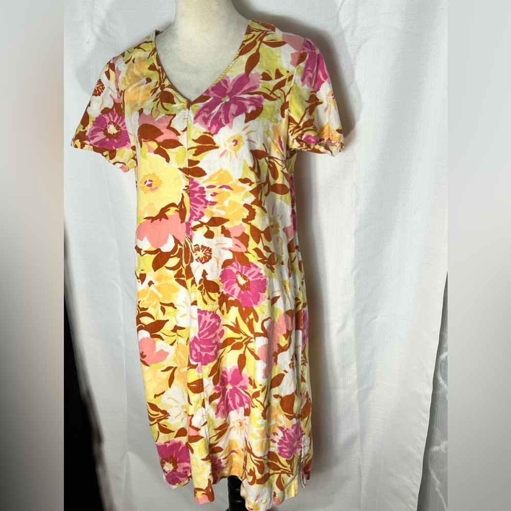 VINTAGE LOOK 100% LINEN HOT COTTON MARK WARE MED SHIFT DRESS PINK YELLOW FLORAL